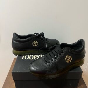 Roberto Cavalli Black Leather Men's Sneakers with Gold Logo